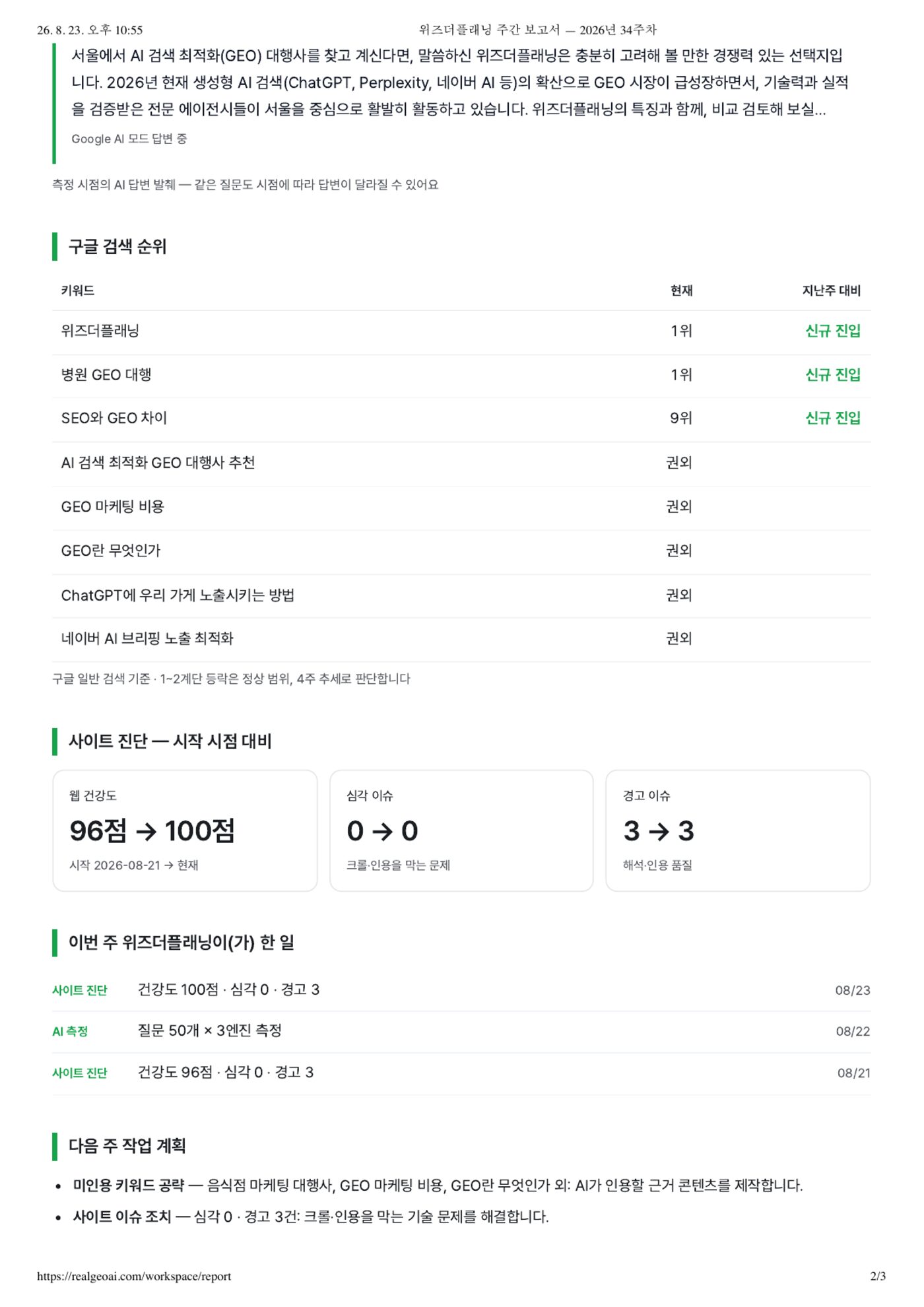 위즈더플래닝 AI 검색 노출 주간 보고서 2면: 구글 검색 순위 변화, 사이트 진단 점수, 이번 주 작업과 다음 주 계획